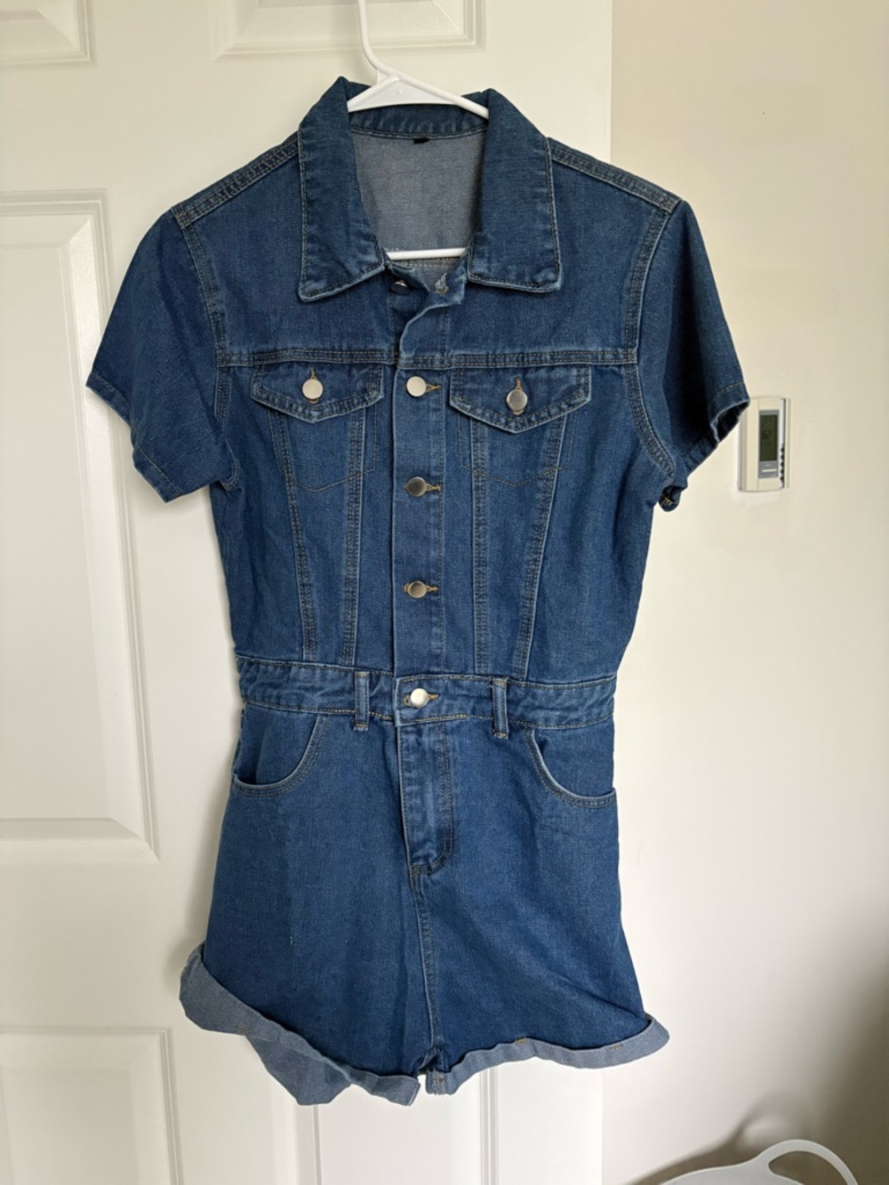Denim Short-Sleeve Romper Dress - Blue